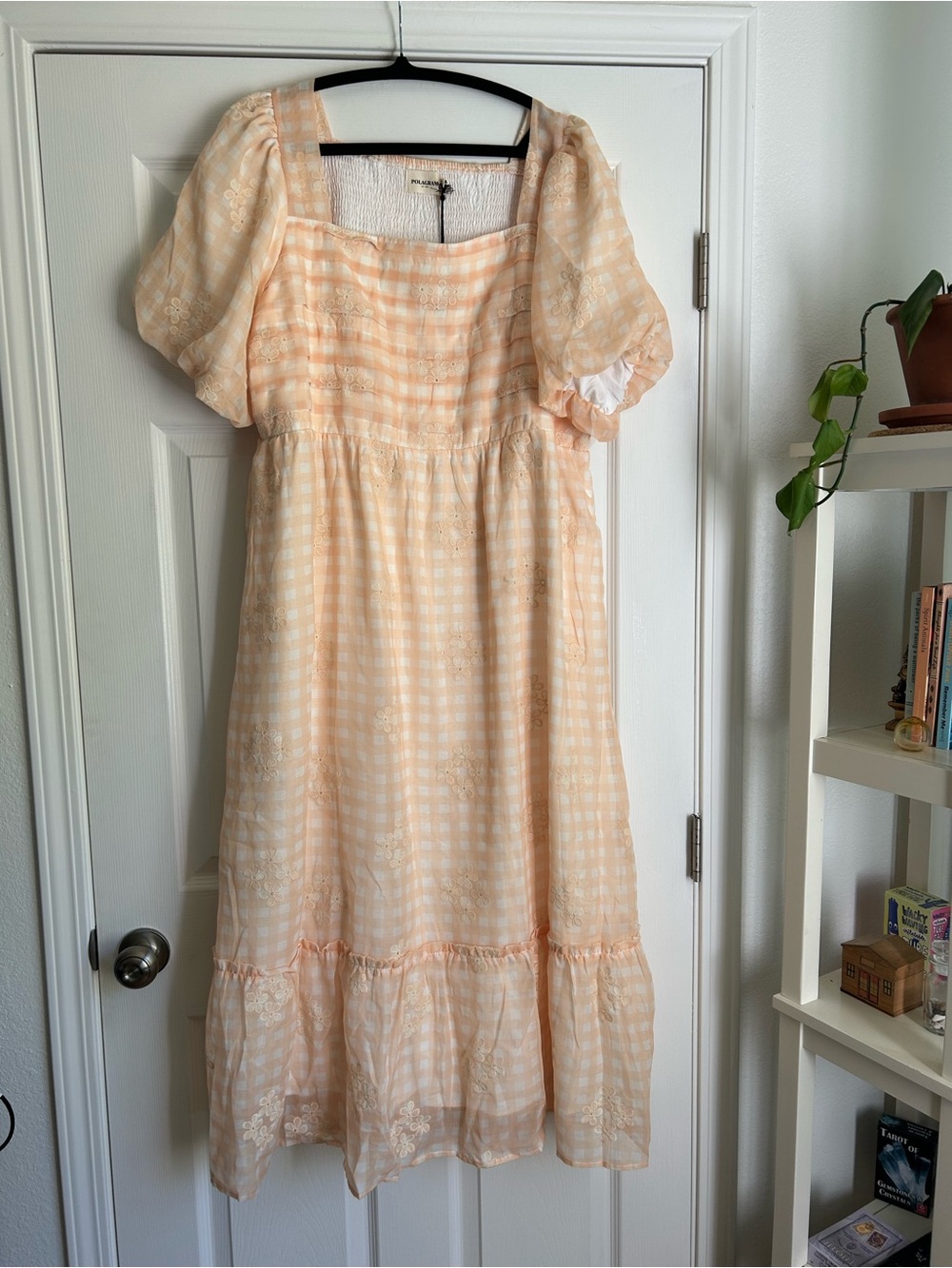 Polagram Peach Gingham Puff-Sleeve Dress